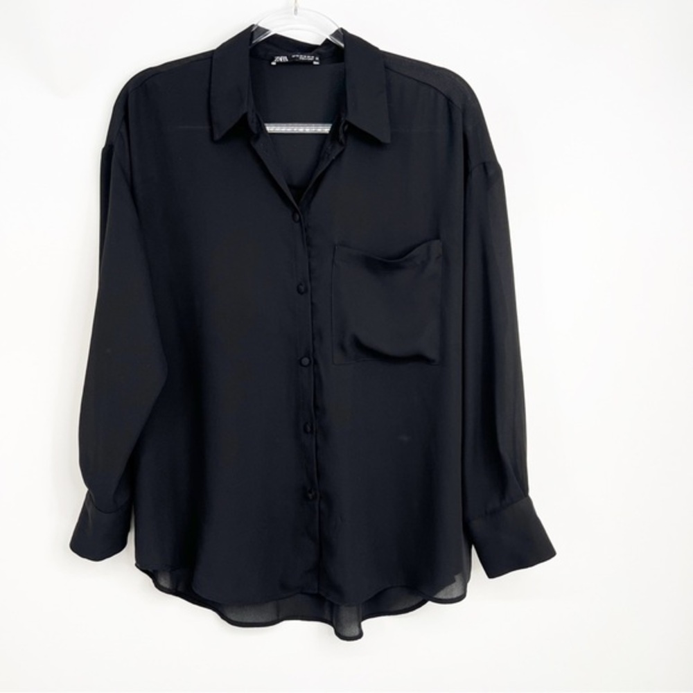 Zara Oversized Black Boyfriend Trench Button Front Blouse, Size XS